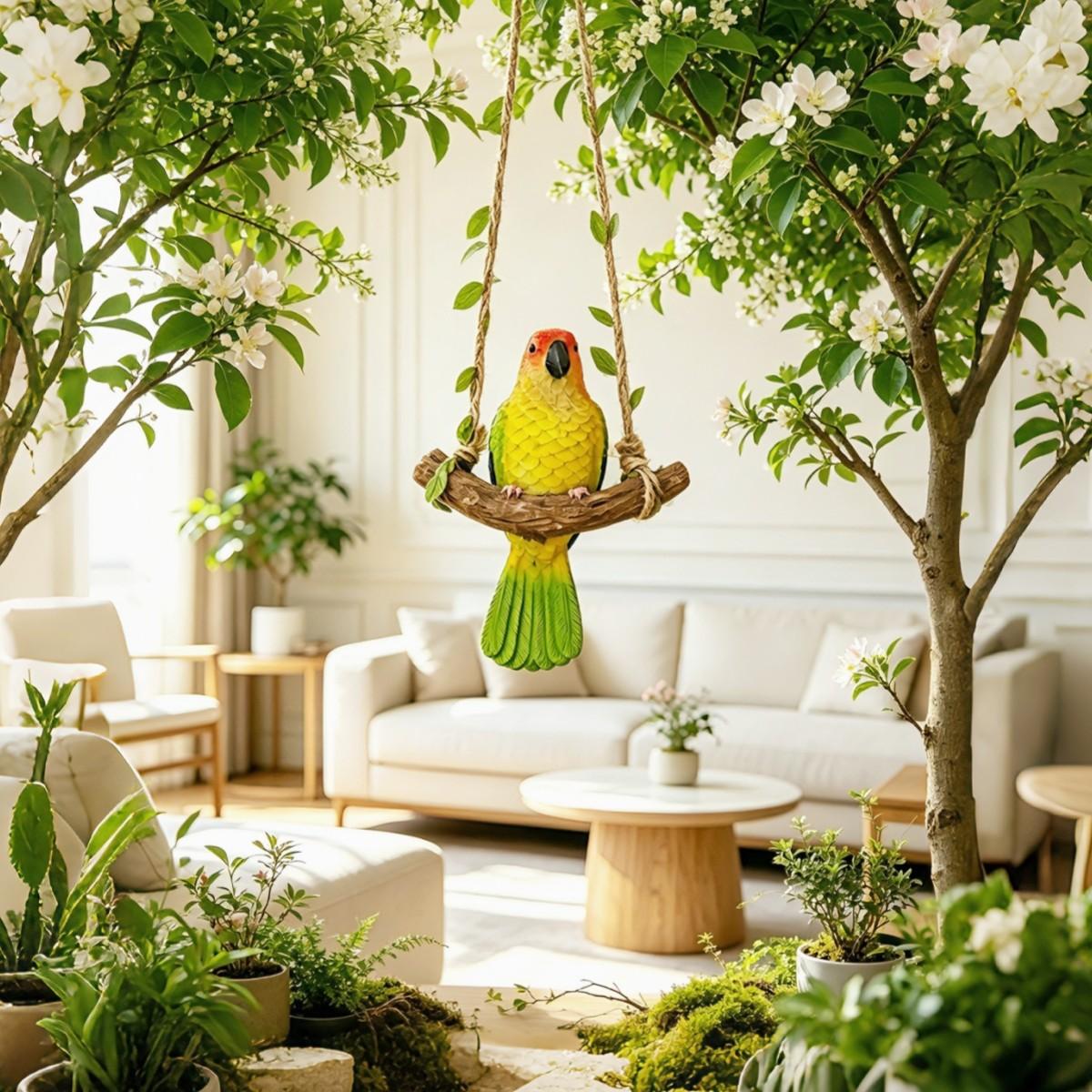 Colorful Bird Swing Decoration, Realistic Parrot Hanging Ornament, Resin Parrot Sculpture for Home Outdoor, Garden Decor Gift