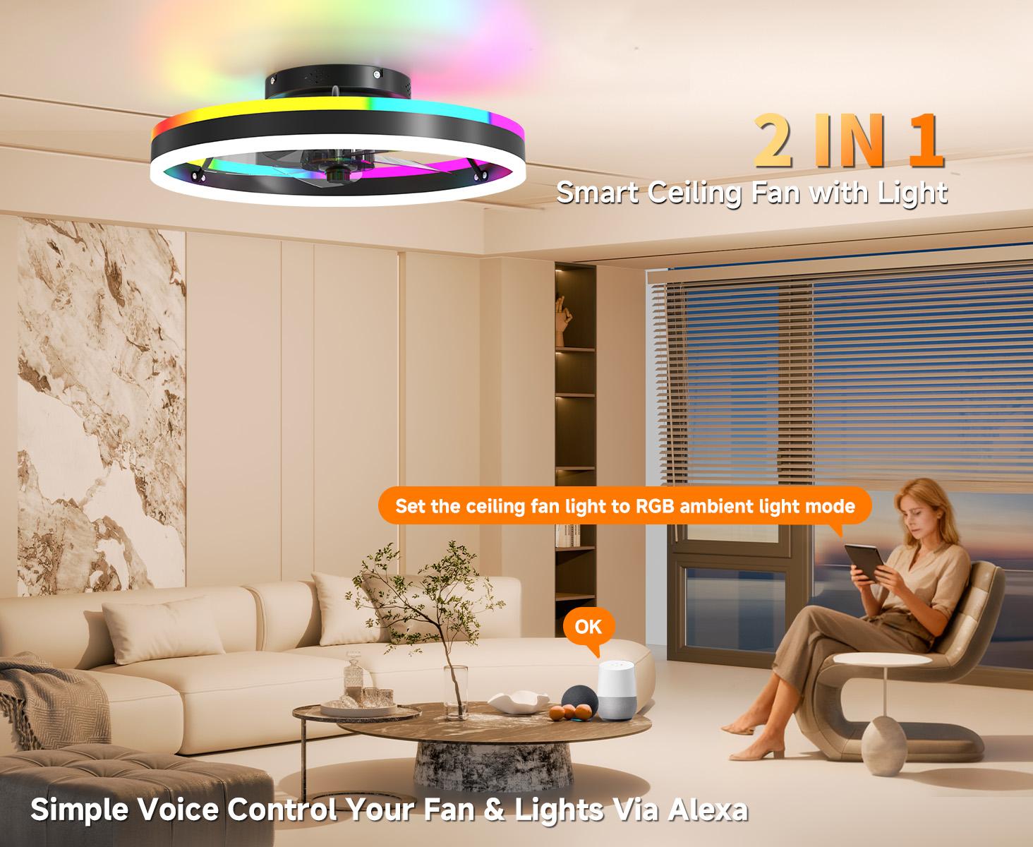 Smart RGB Ceiling Fan with Lights, 20" Modern Flush Mount Ceiling Fan Light, Dual Lighting Mode Low Profile LED Fan with Remote/APP Control, Works with Alexa & Google, for Bedroom Indoor Color Changing