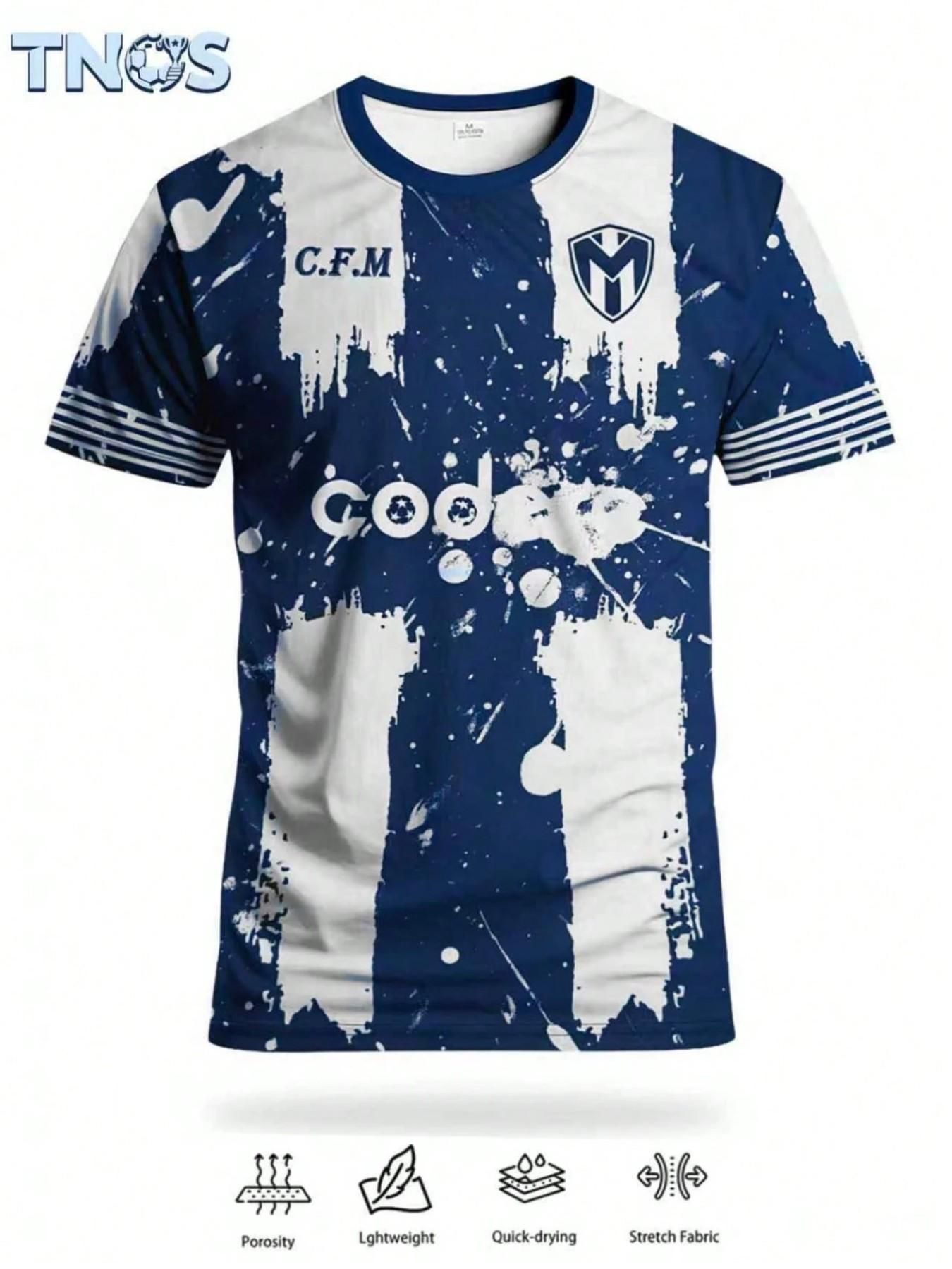 Men's World Cup 2026 Monterrey Style Soccer Jersey, Blue & Splatter Print, Short Sleeve, Casual Fitted, All Seasons