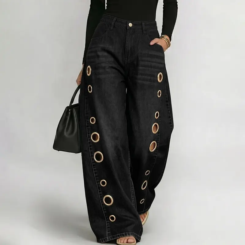 Women's High Waist Geometric Eyelet Cotton Mix Denim Style Jeans - Baggy Wide-Leg Cropped Bottoms with Side Pockets, Zip Fasten, Casual Fashion Fabric, 2026 Fall Festival Streetwear, Cold Wash Y2K Clothing
