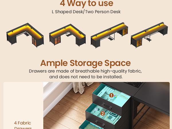 SEDETA L Shaped Gaming Desk with 4 Drawers, 109” Computer Desk with Display Cabinet, Home Office Desks with 2 Monitor Stands, CPU Stand, LED Lights and Power Outlet