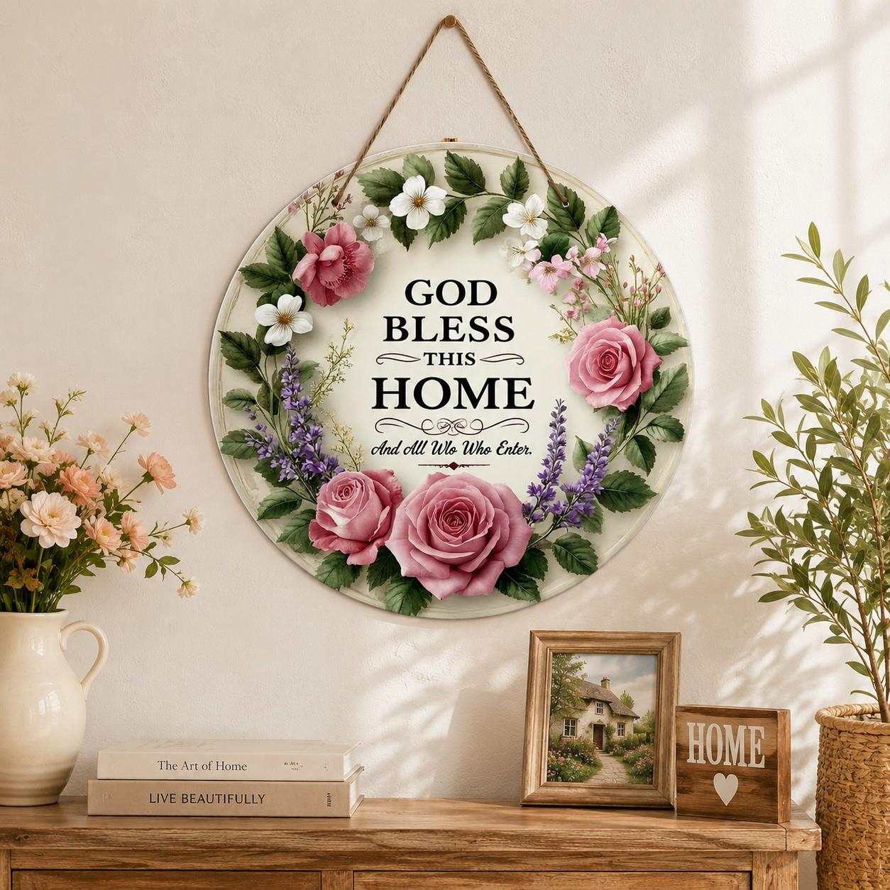 【fathersdaygift】God Bless This Home Round Wooden Sign, Floral Wreath Wall Art, Farmhouse Front Door Hanger, Inspirational Home Decor, Christian Welcome Sign for Porch, Living Room, Housewarming Gift