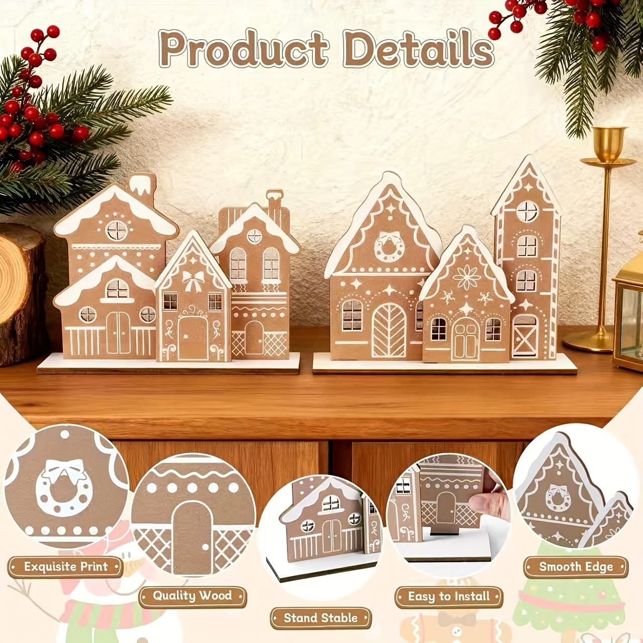 Christmas Gingerbread House Table Decor Set, Wooden Gingerbread House Kit with 6 Mini Houses and 2 Bases, DIY Farmhouse Holiday Display, Rustic Desktop Ornament