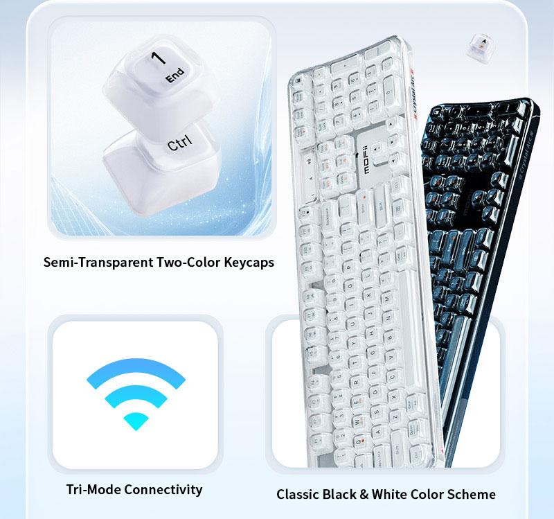 MOFii 708 RGB Backlit Full-Size Keyboard, Stylish White Transparent Keycaps, Tri-Mode Rechargeable, US Qwerty, Compatible with Phones & Tablets, Must-Have for Office & Gaming
