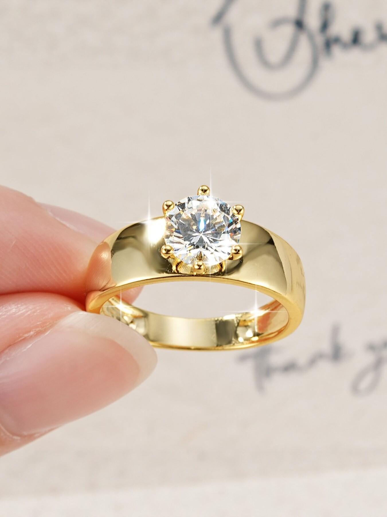 Wide six-prong Zircon Solitaire Ring for Women, Thick Band, 5A CZ Engagement Wedding Promise Ring, 2026 Timeless Engagement Ring Dupe, Perfect Daily Wear & Gift for Her