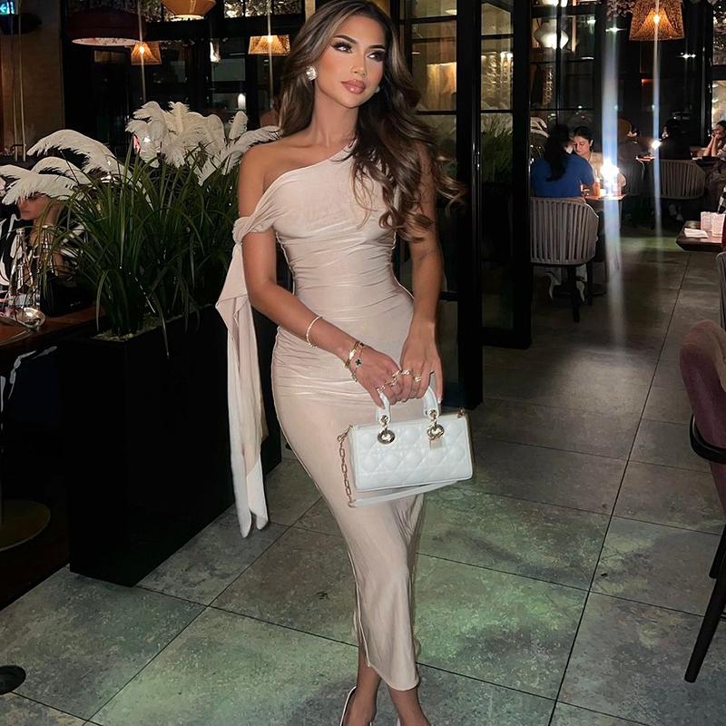 Knotted One Shoulder Tie Bandage Midi Dress for Women's  2025 Summer Asymmetric Sleeveless Bodycon Slim Casual Elegant Sexy Party Club Dating Outfit Dress