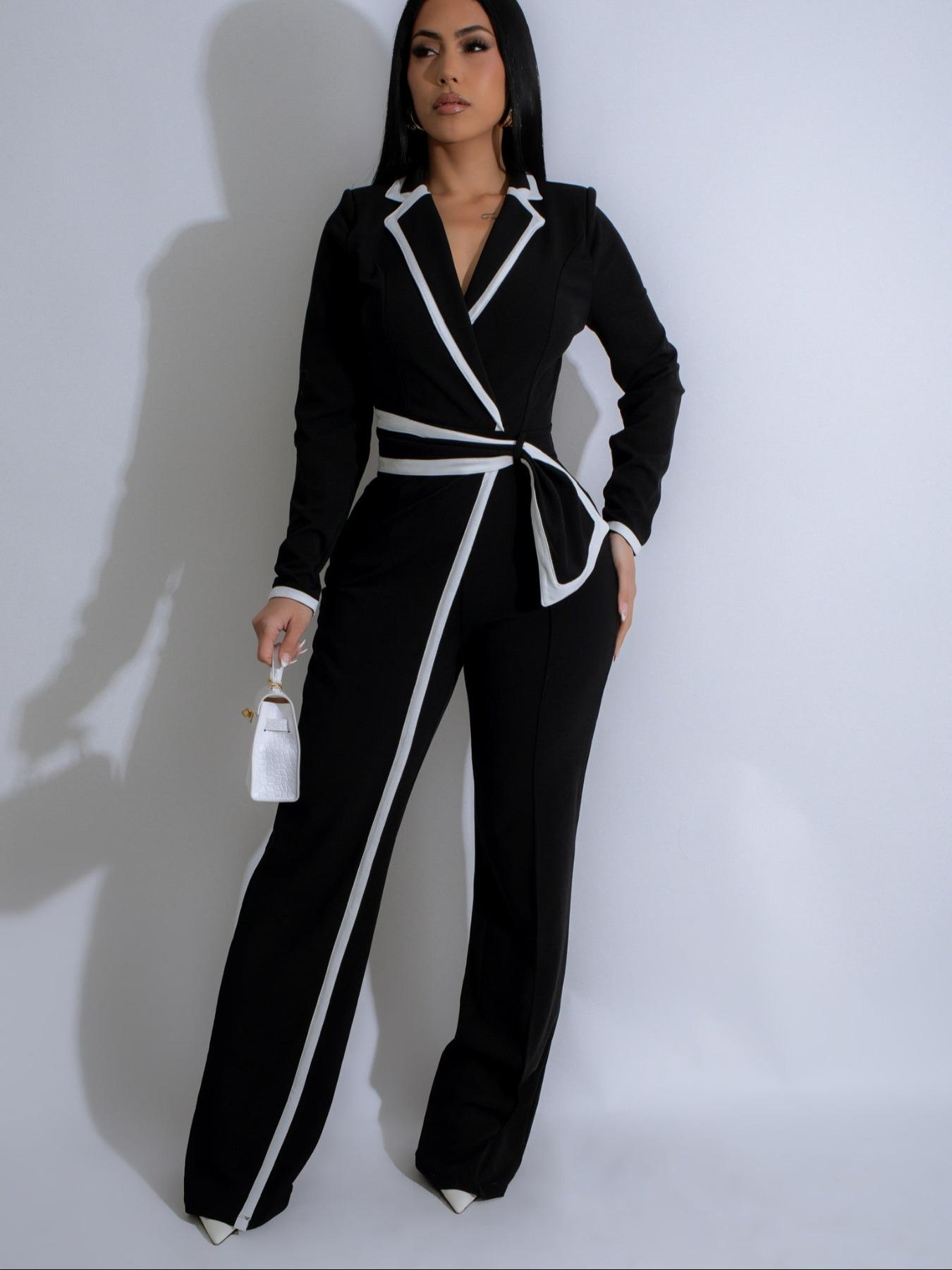 Elegant Women's Long Sleeve Jumpsuit, Belted Waist Design, Colorblock Patchwork, Fall & Winter Fashion, Office Wear, Womenswear