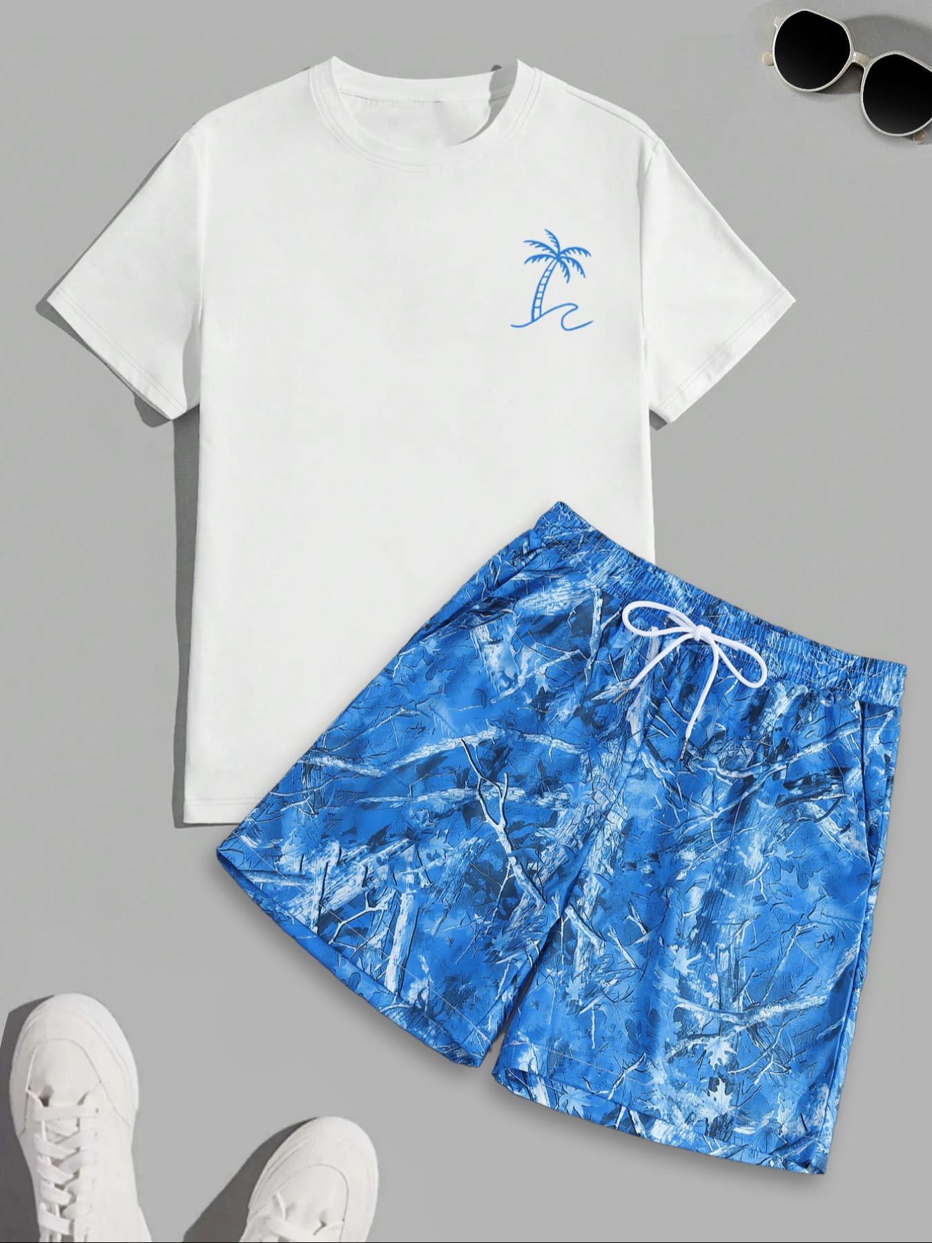 Men's Regular Fit Letter Print Shortsleeve Tee & Tropical Print Shorts Set, Casual Short Sleeve T-shirt & Drawstring Waist Shorts, Summer Clothes Set for Men, Homewear, Casual Lounge Set, Menswear, Pajamas Sleepwear