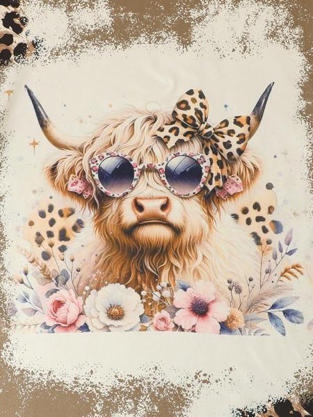 Women's Casual Pajama Set, Round Neck Short Sleeve Top & Elastic Shorts/pants, Leopard & Highland Cow Print, All-Season Wear