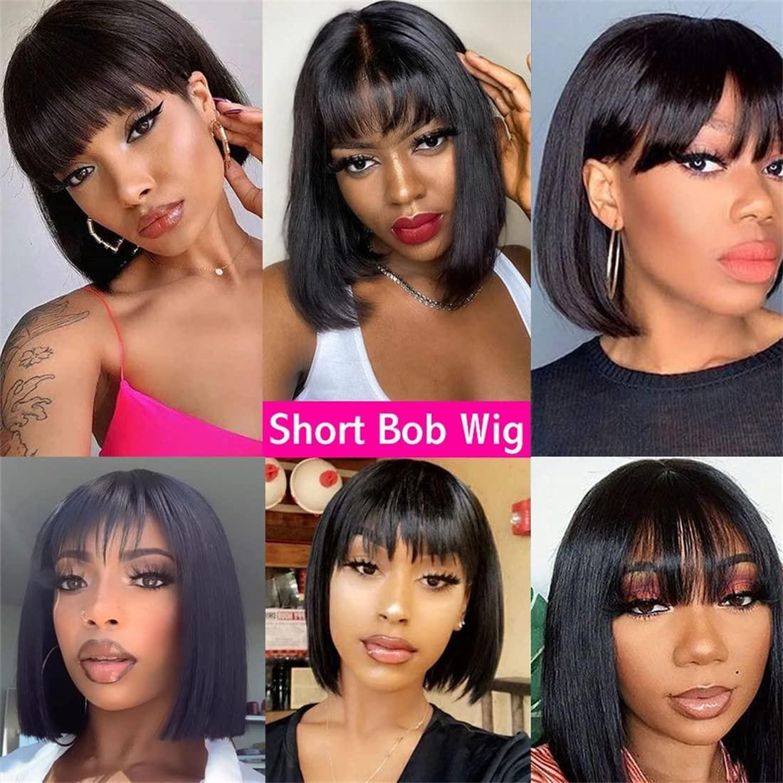 Bob Wig Human Hair With Bangs Glueless Straight 4x1 Transparent Lace Bob Wigs With Upgrade Breathable Bangs Natural Color for Women