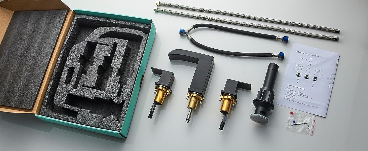 FORIOUS Bathroom Faucets, Waterfall Bathroom Faucet 3 Hole, 8 Inch Widespread Bathroom Sink Faucet with Metal Pop-up Drain and Hose, for Sink Vanity