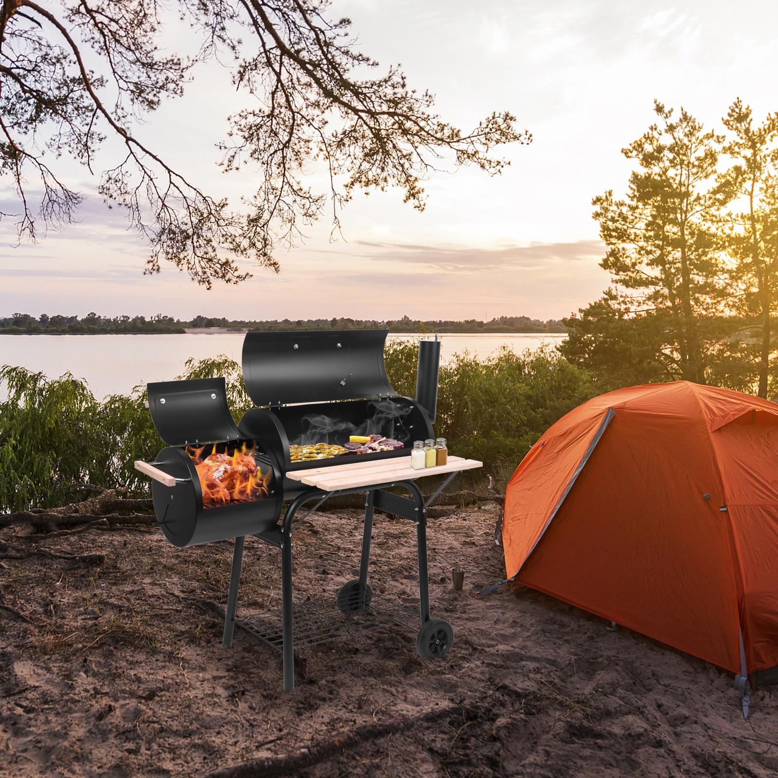 BBQ Charcoal Grill and Smoker, Oil Drum Charcoal Furnace High-Temperature Spray Paint (500-600 Degrees), Diameter 15cm Plastic Wheels for Outdoor BBQ Event