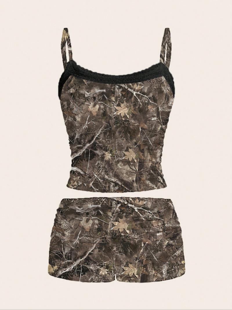 Women's Maple Leaf Print Camisoles & Shorts Two-piece Set, Casual Fashion Top & Shorts for Daily Outdoor Wear, Ladies Clothes for All Seasons, 2 Piece Sets Women, Matching Sets