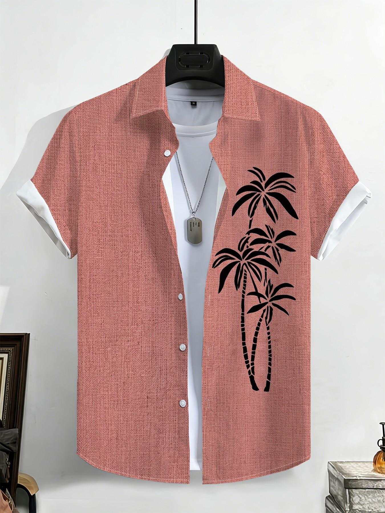 New Summer Men's Short Sleeve Shirt, Vintage Linen Texture Coconut Tree Print, Casual Breathable Beach Holiday Hawaiian Shirt