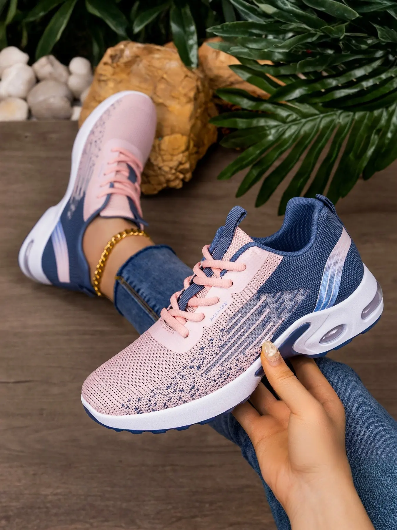 Women Flying Knit Athletic Running Shoes, Lace Up Fashion Walking Sneakers with Air Cushion Outsole, Lightweight Non-Slip Casual Sports Footwear for Gym Travel Daily Wear, Multiple Color Options
