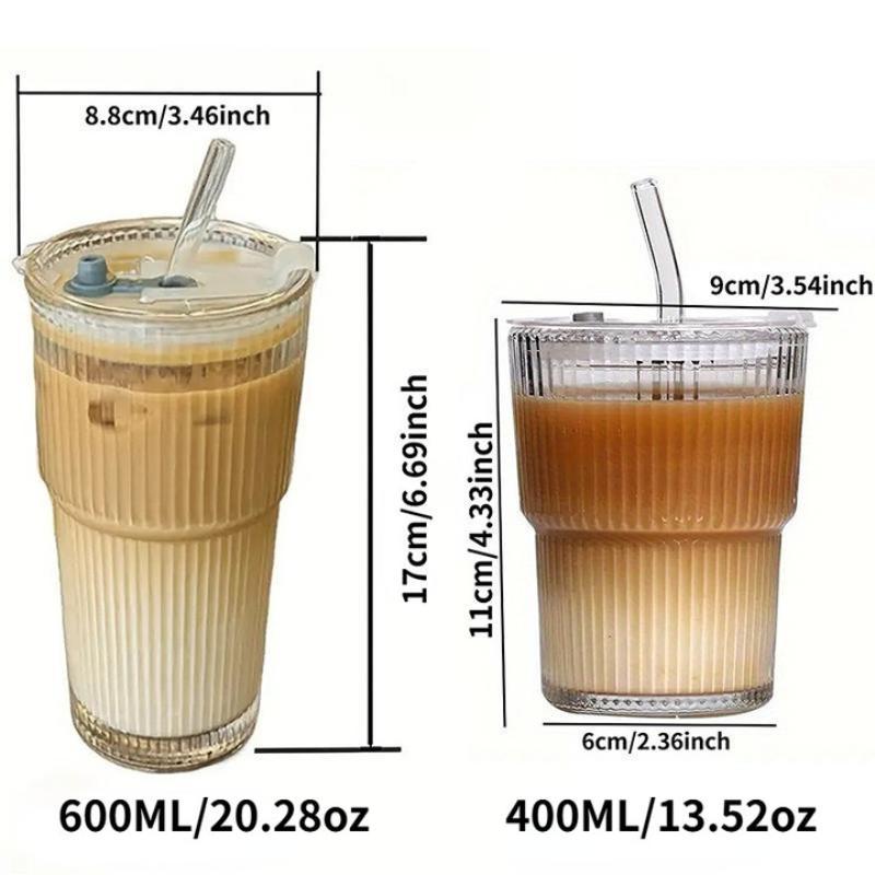 20oz Ribbed Glass Leakproof Tumblers Set of 2/4 with Lids & Straws Durable Reusable Leak-Proof Travel-Ready for Iced Coffee Smoothies Juice Cocktails Washable Stylish Drinkware