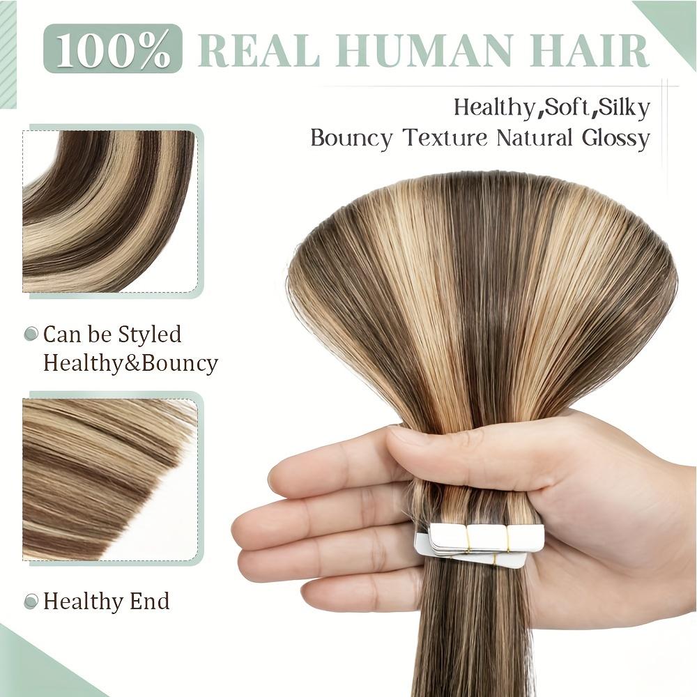 Women's Real Human Hair Tape-In Extensions, 1-4 Packs Long Strands 18-26 Inch Soft Straight Seamless Dark Brown to Blonde Highlights, Smooth Texture Easy Apply for 2 Glam Hairstyle Upgrades