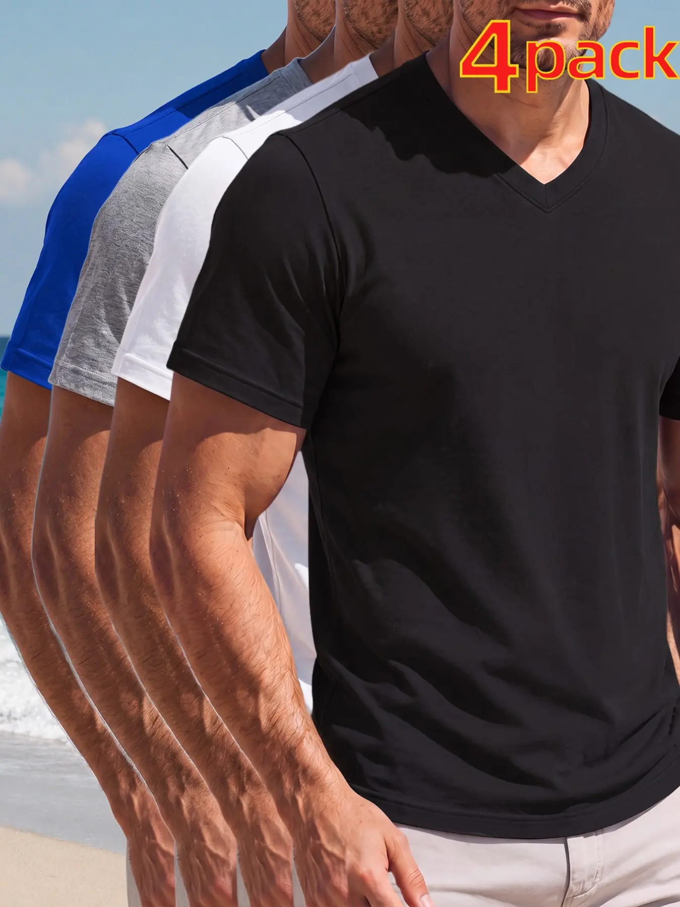 Men's 4 Pack Slim Fit V Neck T Shirts, Black White Grey Blue Solid Color Plain Short Sleeve Casual Beach Tee Basic Tops, Summer Everyday Wear