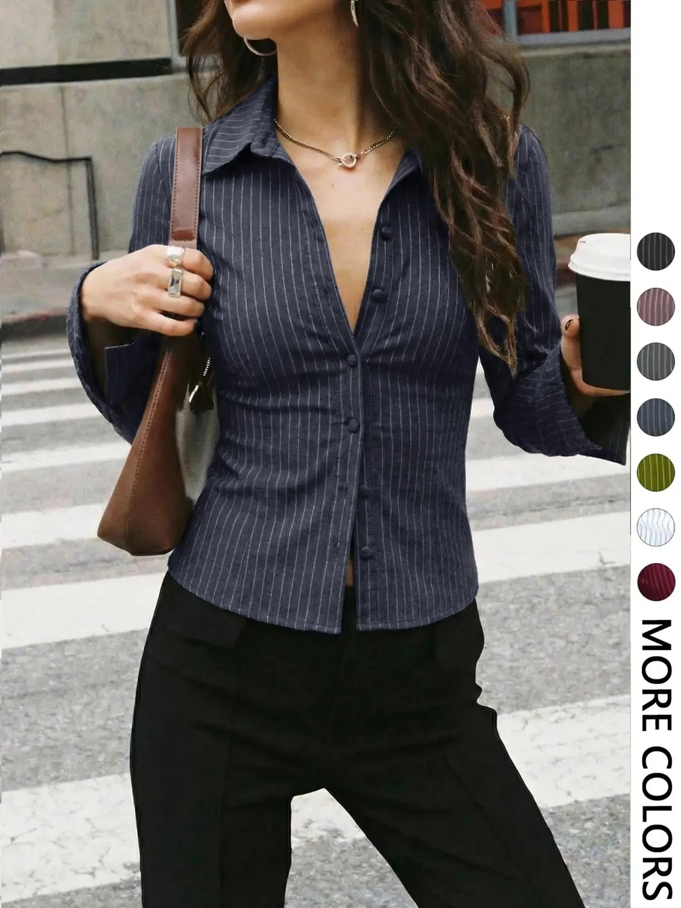 Women's All-Over Striped Print Button Front Blouse, Casual Long Sleeve Top for Spring & Fall, Ladies Clothes for Daily Wear, Casual Fashion Shirt