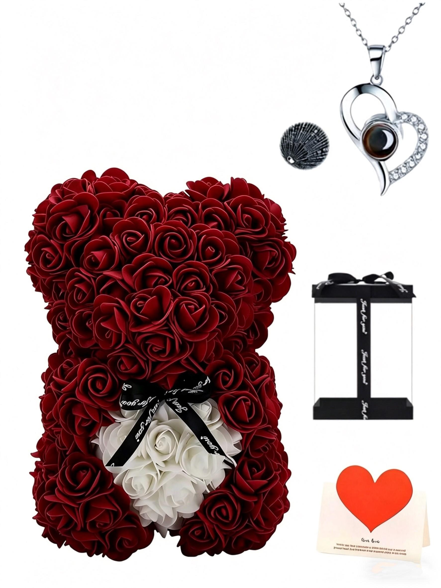 100 Languages Projection Necklace, Rose Flower Bear Birthday Gift Box, Blessing Message Card, Perfect Present for Special Occasions