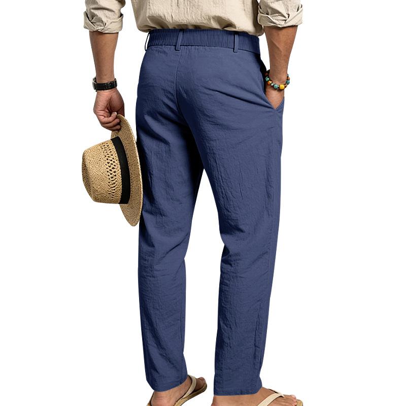 Men's 2026 Spring Summer Plain Linen-Cotton Fabric Wide Leg Trouser, Irregular Cross Buckle Waist, Loose Fit for Big-Tall Menswear, Ideal for Beach Vacation & Daily Commute (Polyester-Blended Option Available)