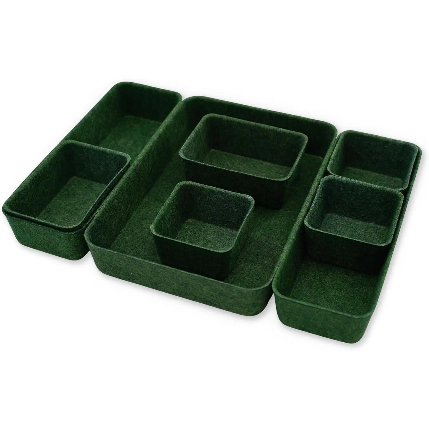 8-Piece Felt Desk Drawer Organizer Bins Shallow Trays in Forest Green – Soft Sturdy Sustainable Storage for Jewelry, Watches, Office Supplies, Makeup & Small Keys, Sleek MinimalistGift