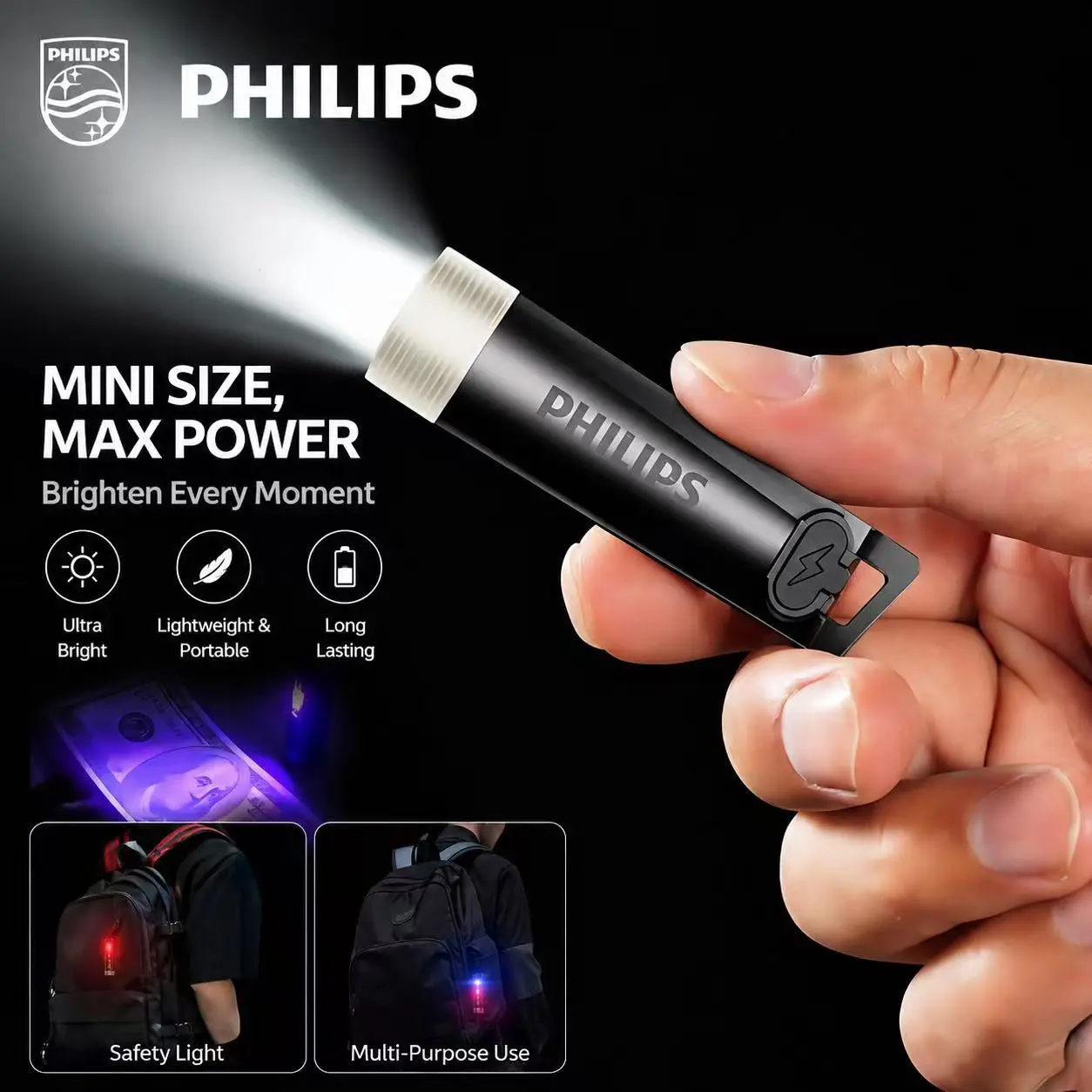Philips Rechargeable Keychain EDC Flashlight, 200 Lumen Mini Pocket Light with UV, Red‑Blue Warning Strobe, Type‑C Charging, Built‑in Ruler & Box Opener for Camping Emergency, Rechargeable Multifunctional Flashlight