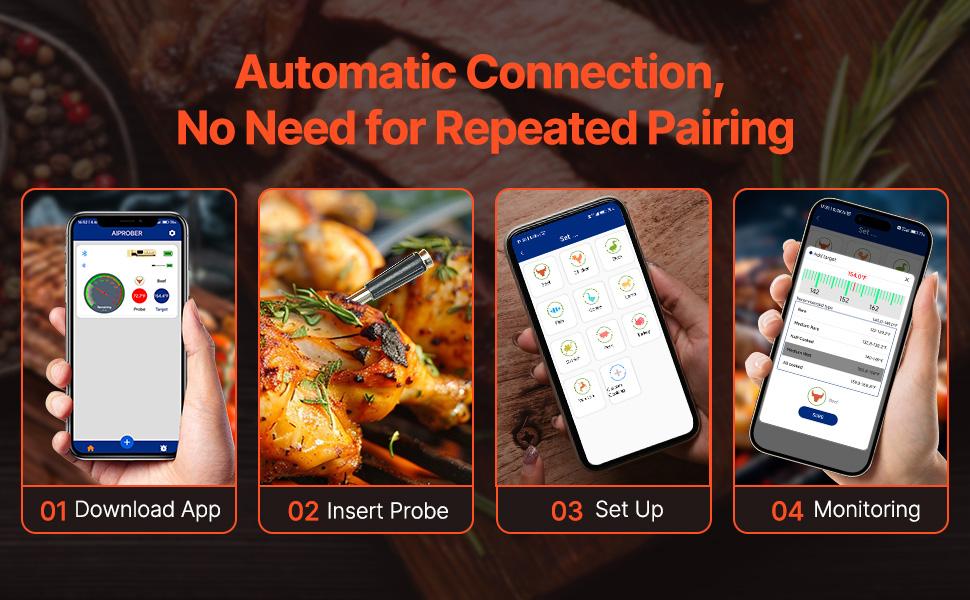 VEVOR Wireless Meat Thermometer, 500 ft Range Wireless Bluetooth Meat Thermometer, Digital Cooking Food Meat Thermometer, Waterproof Smart Meat Probe with One Probe, for Grilling, Smoker, BBQ Oven