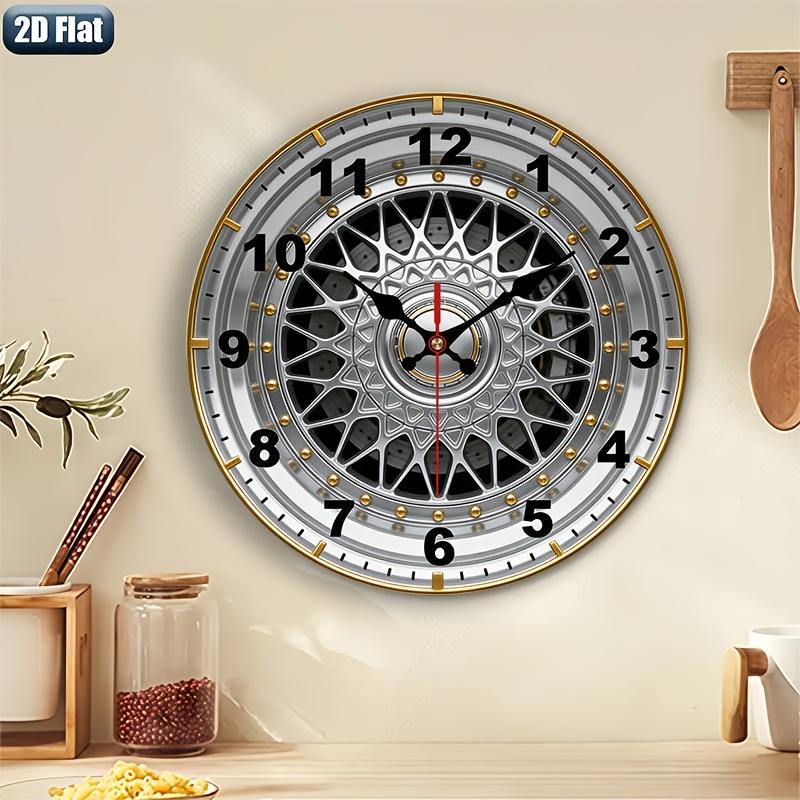 . 2D Flat. 1pc. Car Wheel Hub Themed Wall Clock, Silent Decorative Clock, Creative Wall Clock, Suitable for Bedroom, Living Room, Office Decoration, 25/30 cm (AA Battery Not Included), 2D Flat