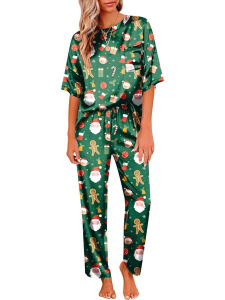 Women's Satin Silk Pajama Set, Short Sleeve Top & Long Pants, Soft Sleepwear for Women, Comfortable Loungewear for Home Use