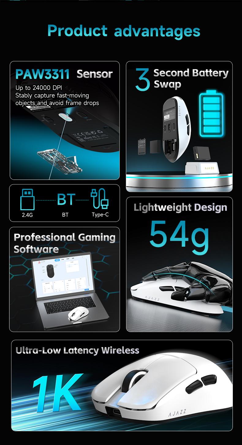AJAZZ AJ159 V2 MC wireless game mouse battery replacement design the third mock examination computer office mouse PAW3311 sensor professional competitive driving game mouse DPI24000 supports multiple systems for games and office