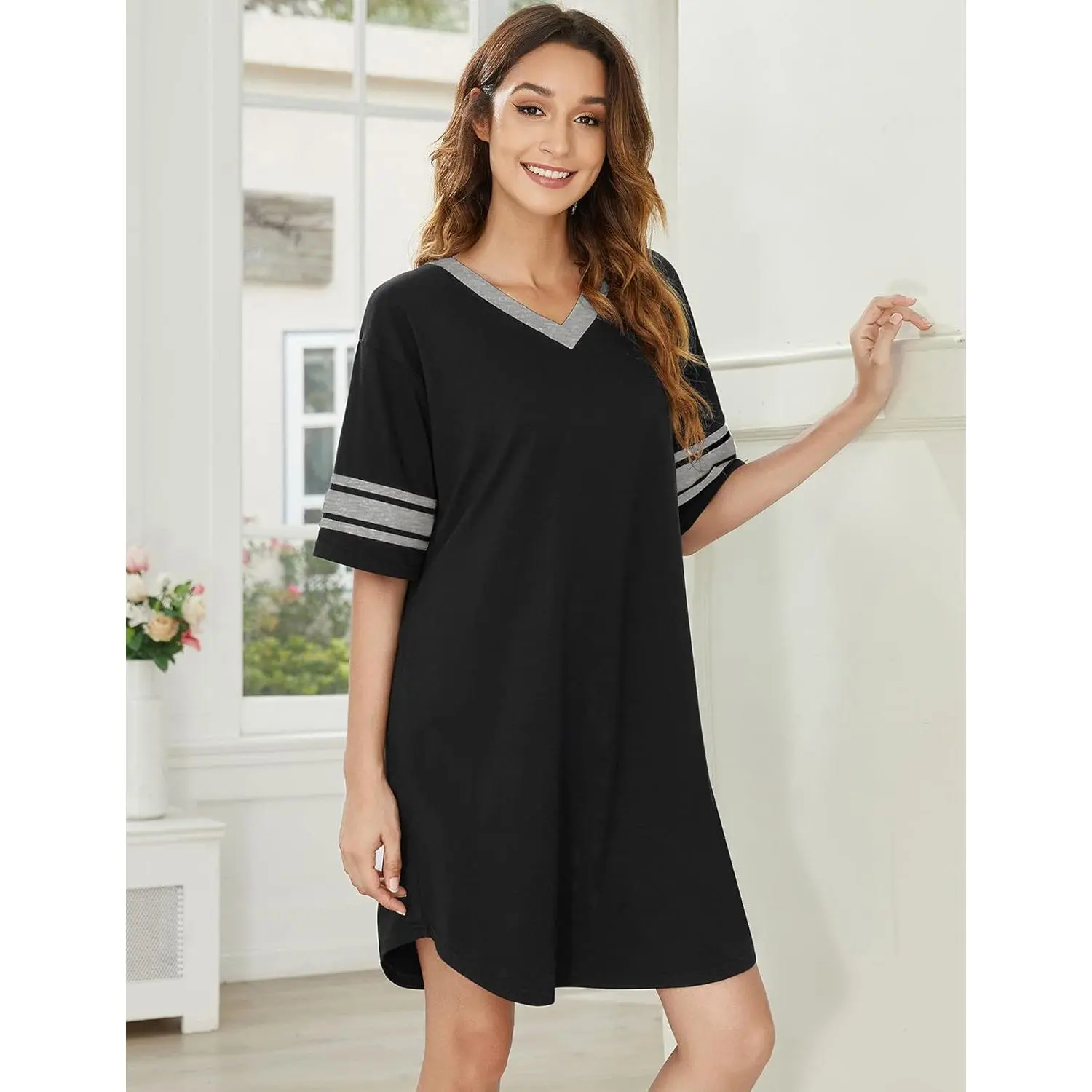 Nightgowns for Women Cotton Night Gowns Short Sleeve Sleepwear |     Ladies Sleep Shirts Casual T Shirt Nightgown V Neck Night Shirts Soft Moo Moos Color Block Pajama Shirt Plus Size Nightshirts