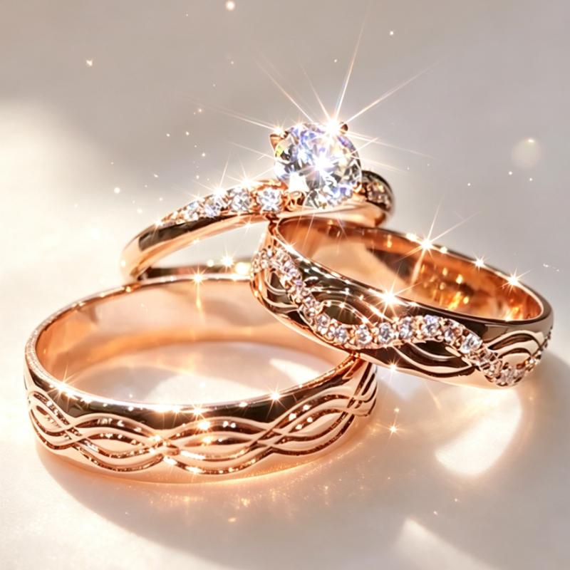 A Delicate Three-piece Rose Golden Set of Interchangeable Engagement and Bridal Rings, Ideal As A Gift for Special Occasions.