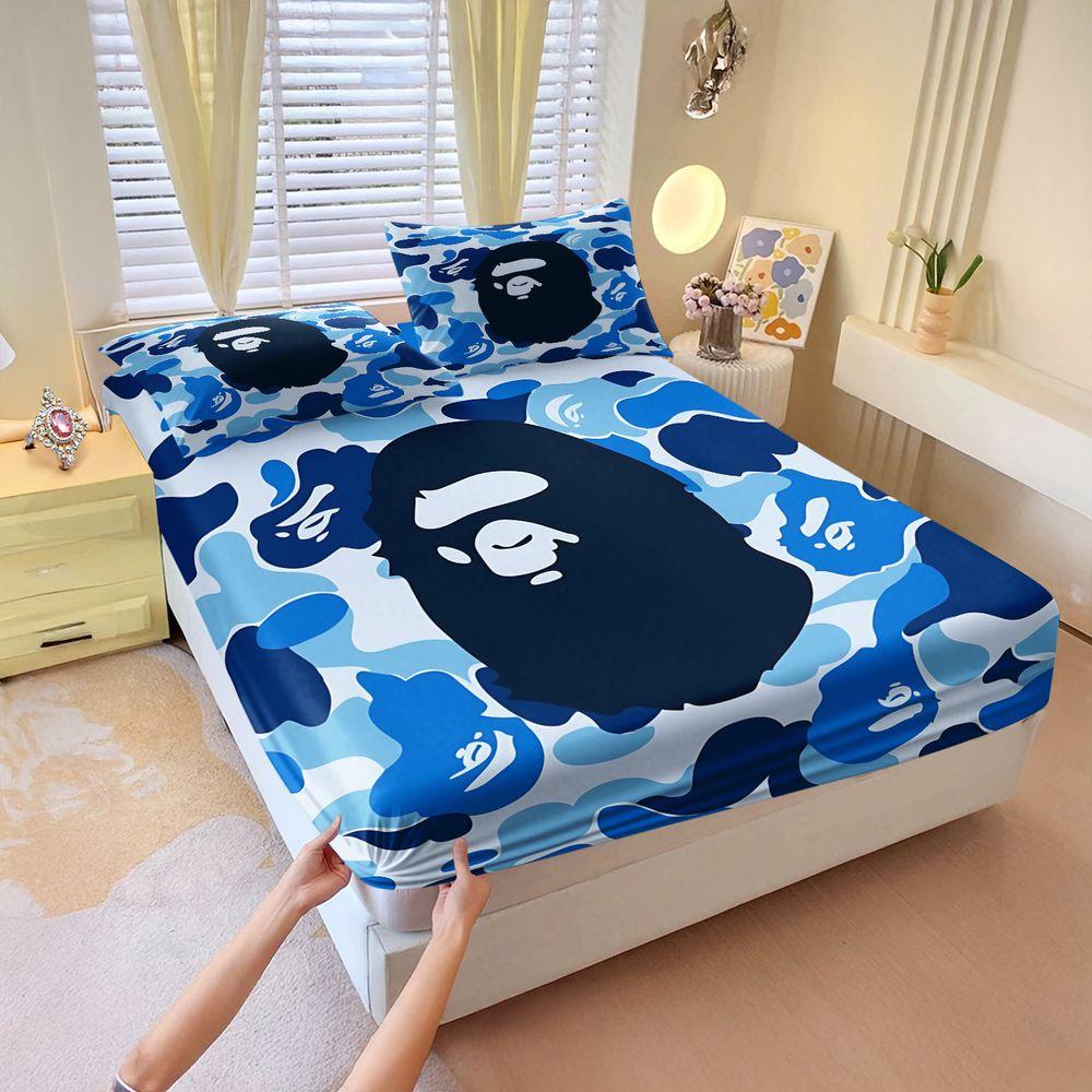 3Pcs Monkey Camo Fitted Sheet Set, Amoeba Pattern with Monkey Head Logos, Soft and Durable Bedding Fabric, Ideal for Modern Bedroom Style and Stylish Sleep Experience. Includes 2 Pillowcases, No Pillow Core, Bedsheet Sets