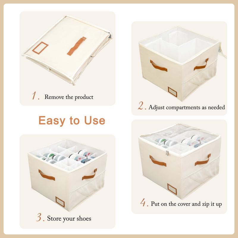Shoe Organizer for Closet, Fabric Shoe Storage Boxes with Clear Cover, Adjustable Dividers for Storage, Foldable Space-saving Storage Container Bins, Fits 8-16 Pairs Back to school season