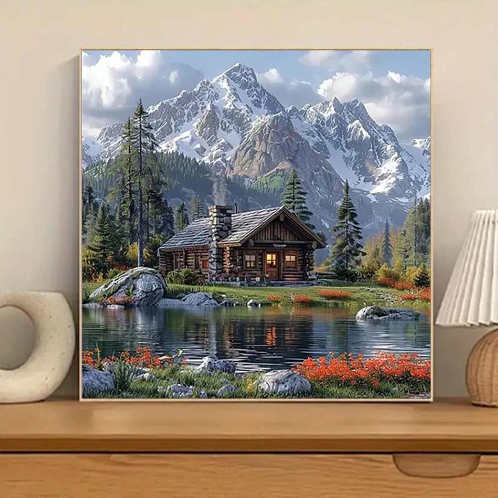 DIY 5D Flocking Cloth Diamond Painting Kit, AB Drills, Fairy Dust Drills, Crystal Drills, Mountain, House, Lake, Diamond Embroidery, Special Craft Diamond Art Set, Wall Decor, Gift for Family, Loved Ones, Friends