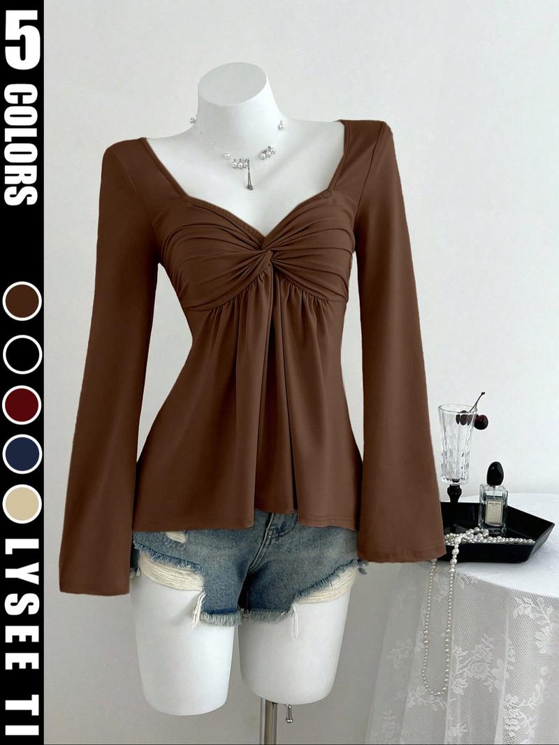 26 Valentine's Day Autumn/Winter Shot Pure Desire Style Casual Fashion Apricot Square Neck Chest Wrinkled Doll Shirt Long Sleeve Women's T-shirt 26 Valentine's Day Autumn/Winter Shot Pure Desire Style Casual Fashion Apricot Square Neck Chest Wrinkled Doll Shirt Long Sleeve Women's T-shirt