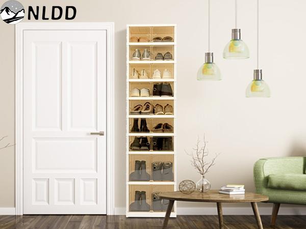 NLDD 9 Tier Foldable Shoe Rack Organizer for Closet 18Pairs Plastic Collapsible Shoe Racks Shelf Stackable Clear Folding Shoes Storage boxes for Small Spaces Narrow Shoe Storage Cabinet