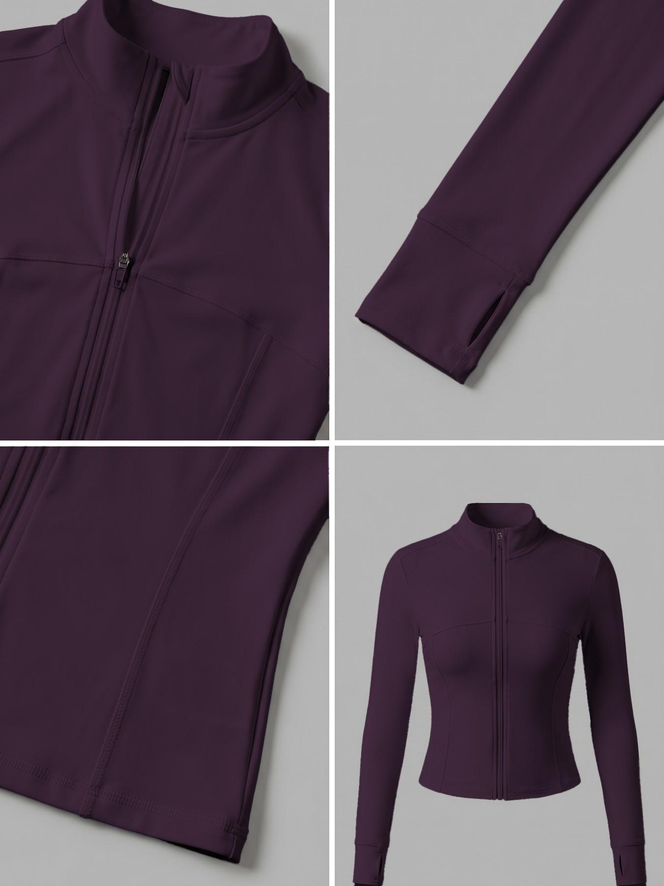 Women's Plain Zipper Yoga Top, Sporty Slim-Fit UV-Protective Jacket, V-Neck Long Sleeve, Spring Summer Outdoor Gym Wear, Activewear