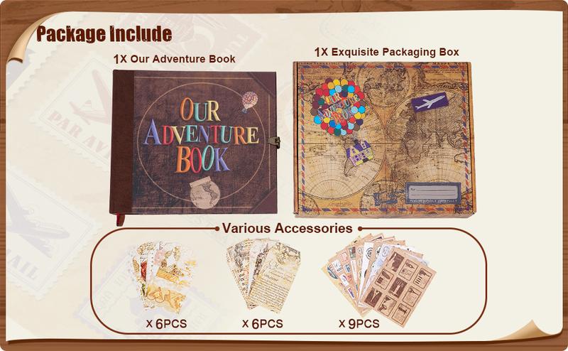 Our Adventure Book Scrapbook Photo Album 8.9x7.7inch Retro Style Embossed Letter Cover Travel Diary Journal Scrap Book Kit Decor Gifts for Christmas/ New Year/ Mother's Day/ Valentine's Day/ Women's Day/ Easter
