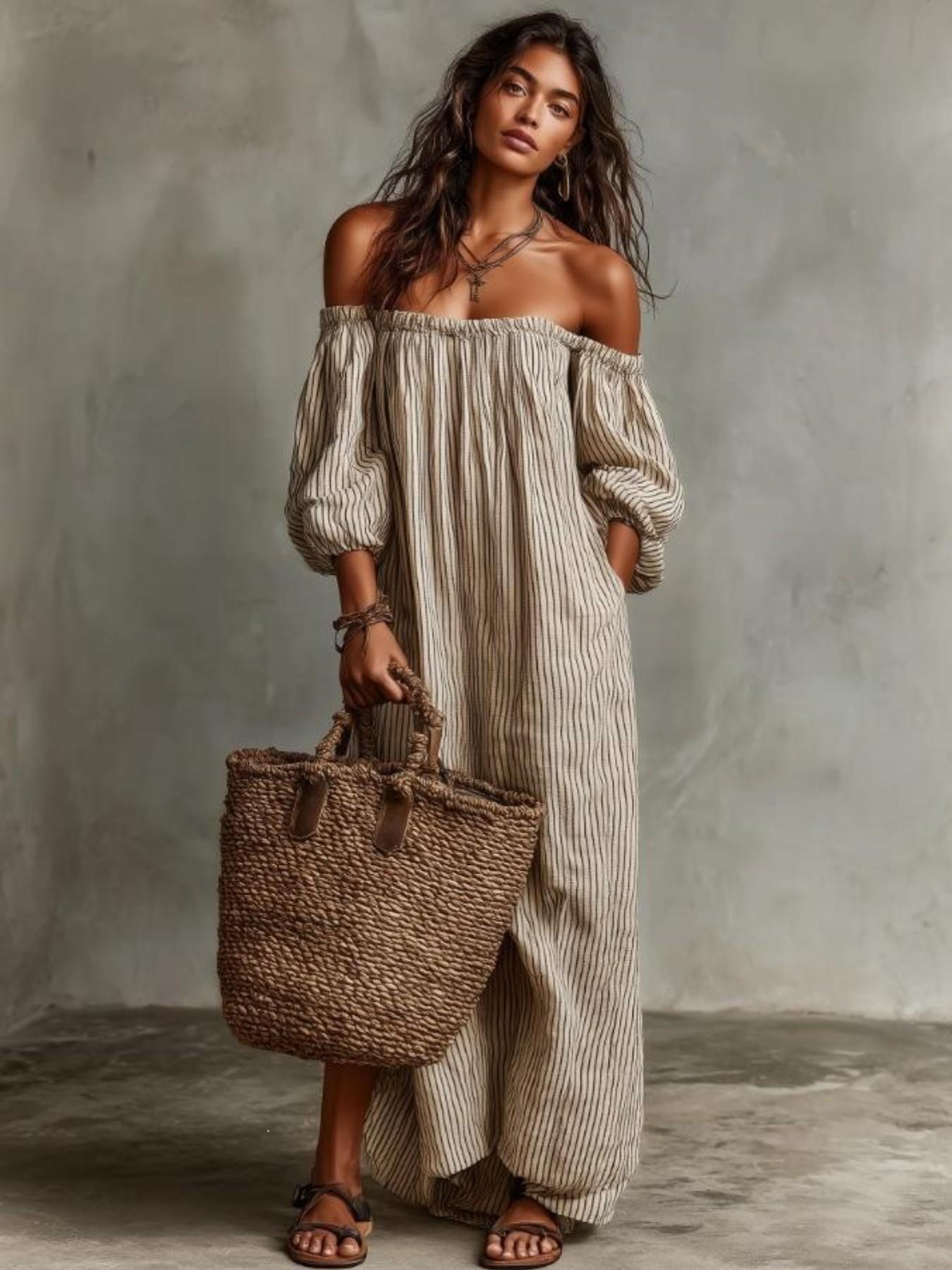 Women's Vintage Striped One-Shoulder Long Dress, Loose Fit Slimming Bubble Sleeve Off-The-Shoulder Dress, Beach Vacation Style Summer