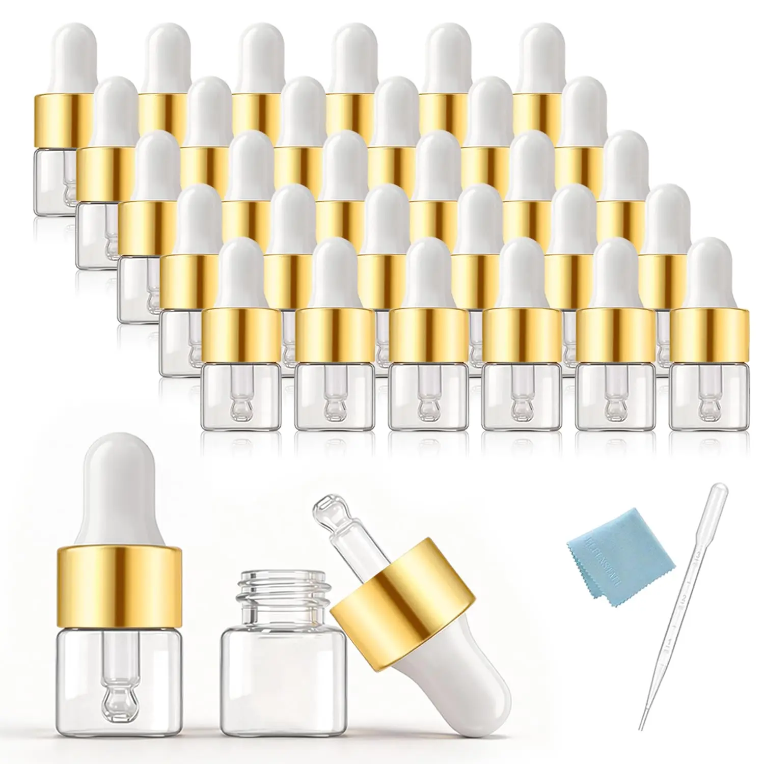 30Pcs 1ml (1/4 dram) Mini Dropper Bottles Glass Oil Sample Bottles Clear Small Empty Vials Cosmetic Perfume Liquid Containers for Travel