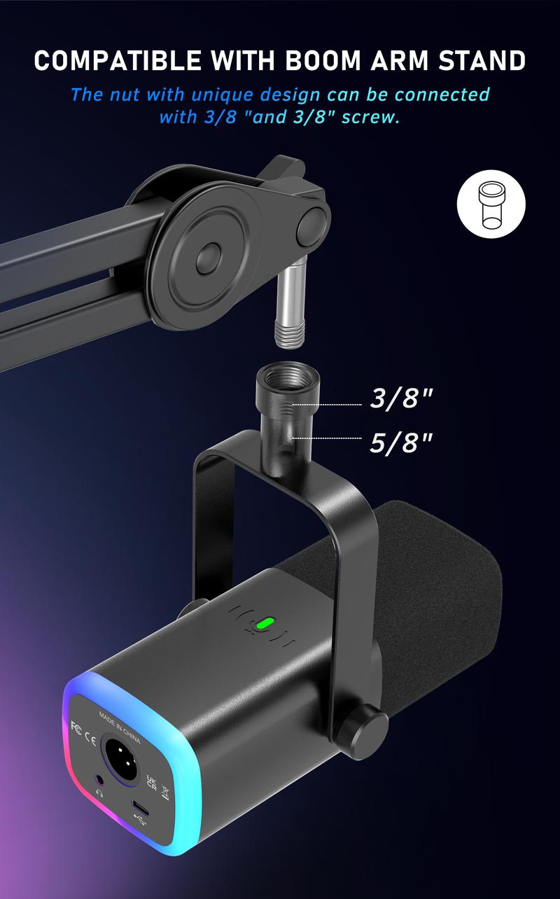 FIFINE AM8 XLR/USB Gaming Microphone for Podcast Recording, Dynamic RGB Mic with Quick Mute, headphone jack, Gain Knob, Volume Control, Desktop Mic for PC Gamer, XLR mic for audio interface mixer, for smartphone