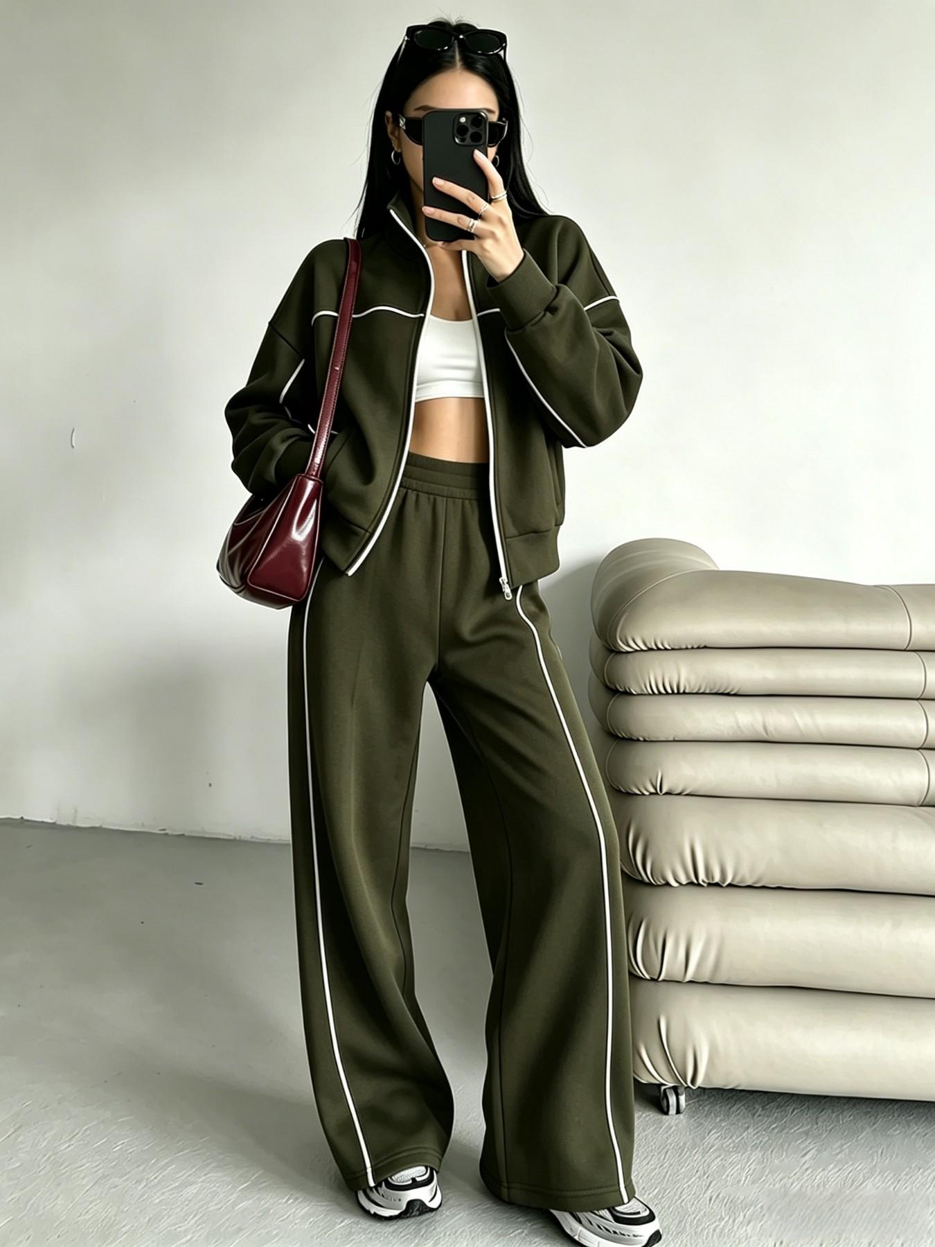 Women's Two-Piece Set, Fall Winter, Long Sleeve Zipper Stand Collar Sweatshirt, Mid-Waist Pants, Casual Office Wear, Multiple Colors Available, Clothes