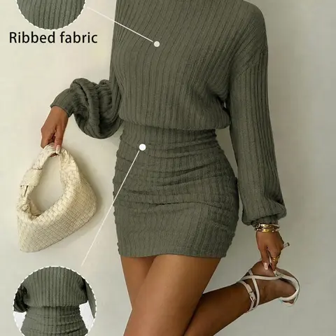 Women's Fall Winter Elegant Mini Dress, High Neck Fitted Solid Color Ribbed Knit, Casual Office Party Date Wear, Street Style Trendy