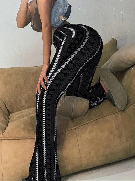 Women's High Waist Flare Pants Black Printed Bell Bottom Trousers Slim Fit Stretchy Wide Leg Pants Retro Bohemian Ethnic Pattern Streetwear Y2K Trendy Casual Fashion Club Party Outfit Comfortable Long Pants Boho Festival Trousers