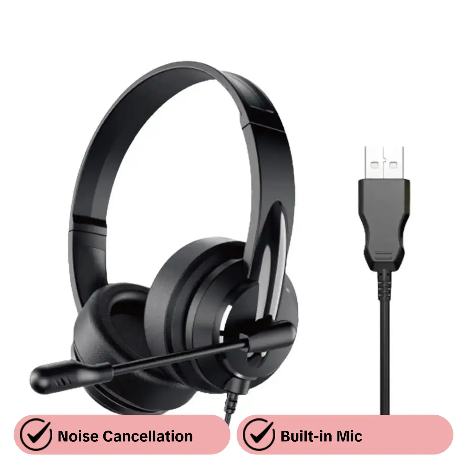 On-Ear USB PC Headset with Microphone, Adjustable Headband Design, Wired Headphones for Computer and Home Office, Recording, Noise Isolation and Volume Control Features, Noise Cancelling Headset