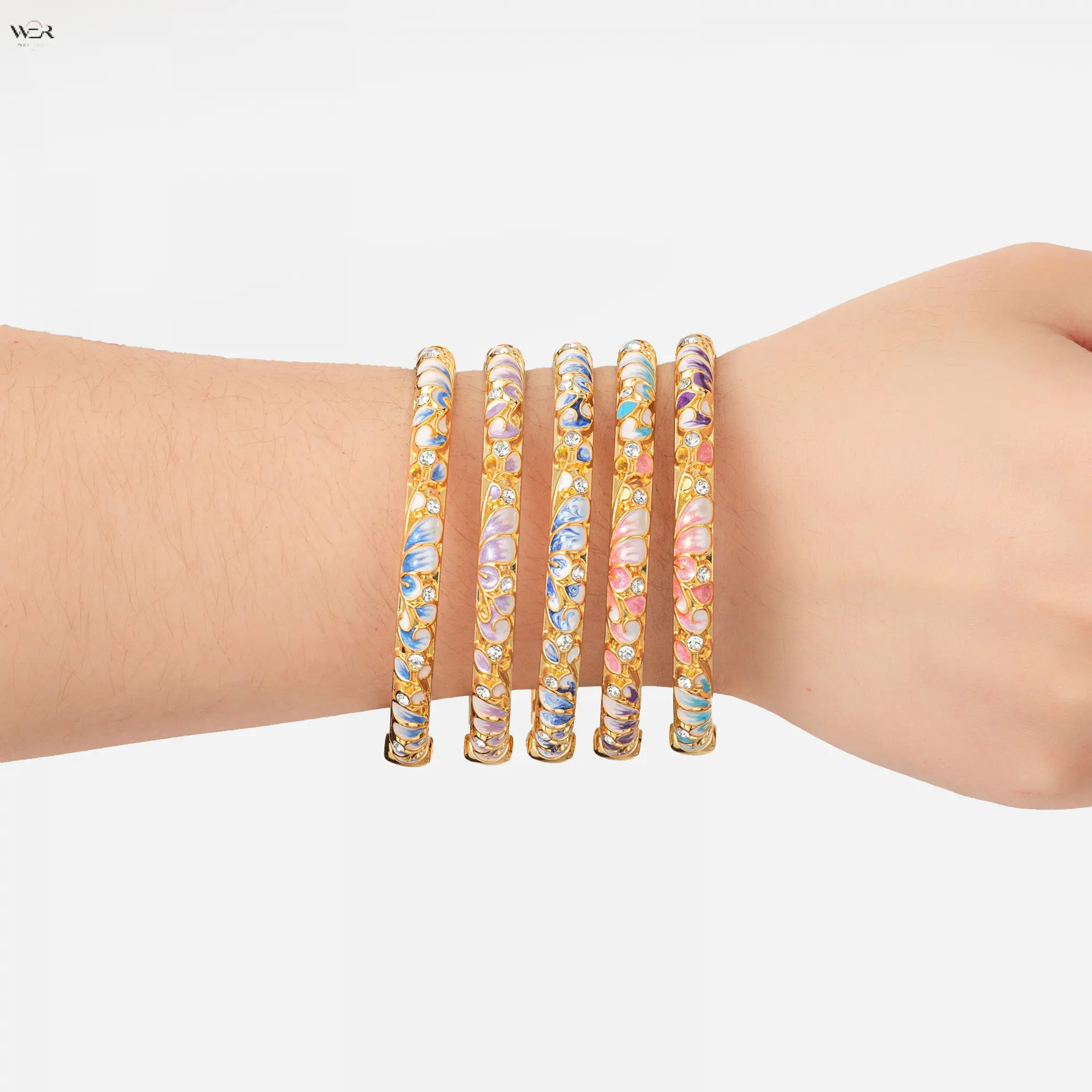 Vintage Enamel Gold Bangle Bracelets for Women, Hollow Leaf Pattern Rhinestone Inlaid Cuff Bracelet, 5 Multicolor Glaze Options Blue Purple Pink Gradient, Classic Chinese Cloisonne Style Clasp Bangle Jewelry Gift