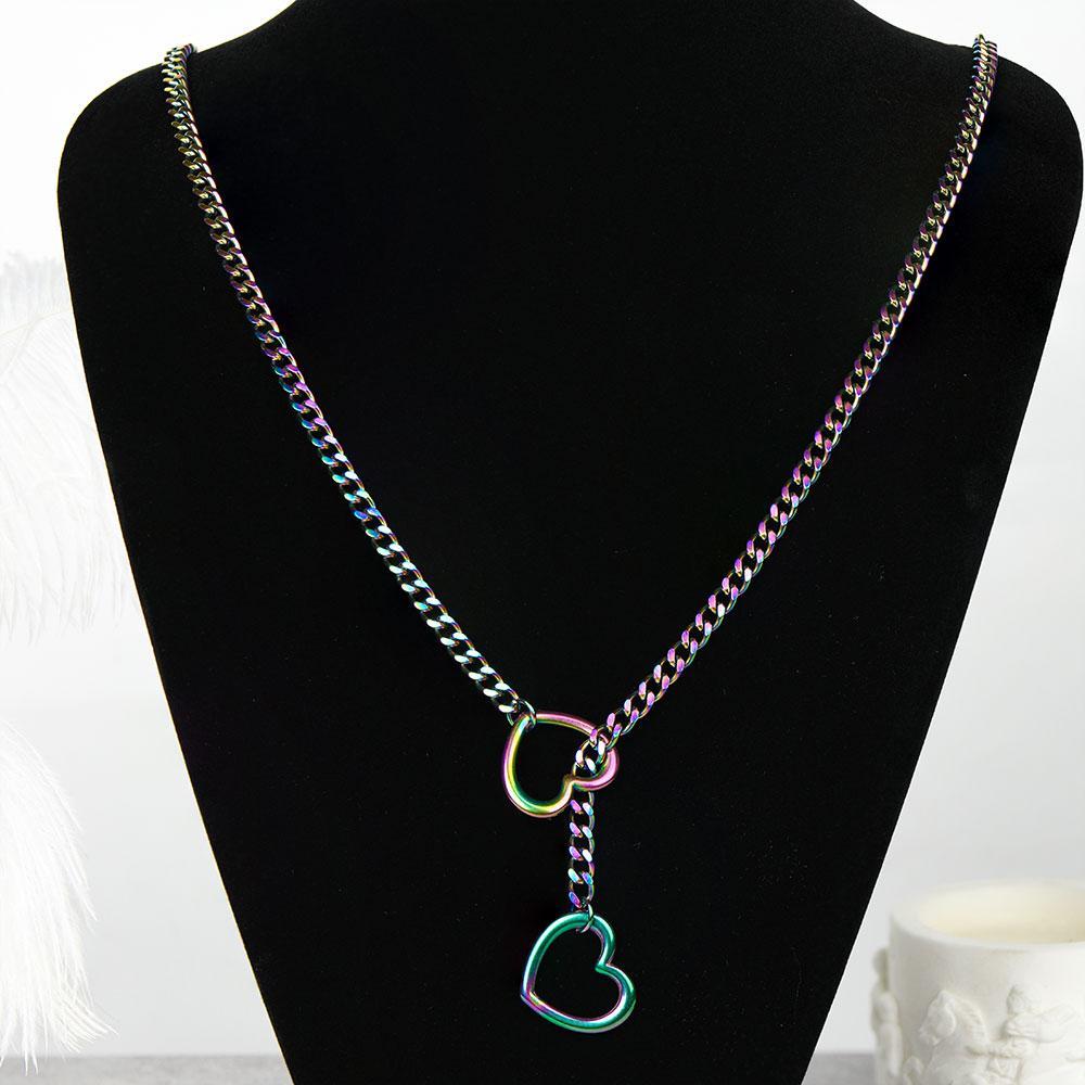 Heart & O Shape Slider Chain Necklace for Women, Punk Rock Style Cuban Link Long Y Lariat Necklace, Adjustable Sliding Design, Unique Elegant Jewelry, Perfect for Daily Wear & Gift Giving