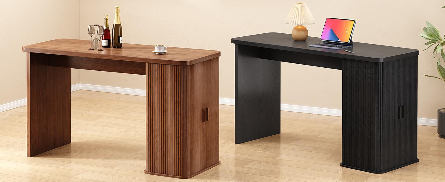 【SPOTLIGHT DAY】ONBRILL 59 Inch Kitchen Island with Storage, Fluted Counter Height Table, Mid-Century Modern Kitchen Island Table with Sliding Door, Home Bar Tables with Wine Rack and Drawers